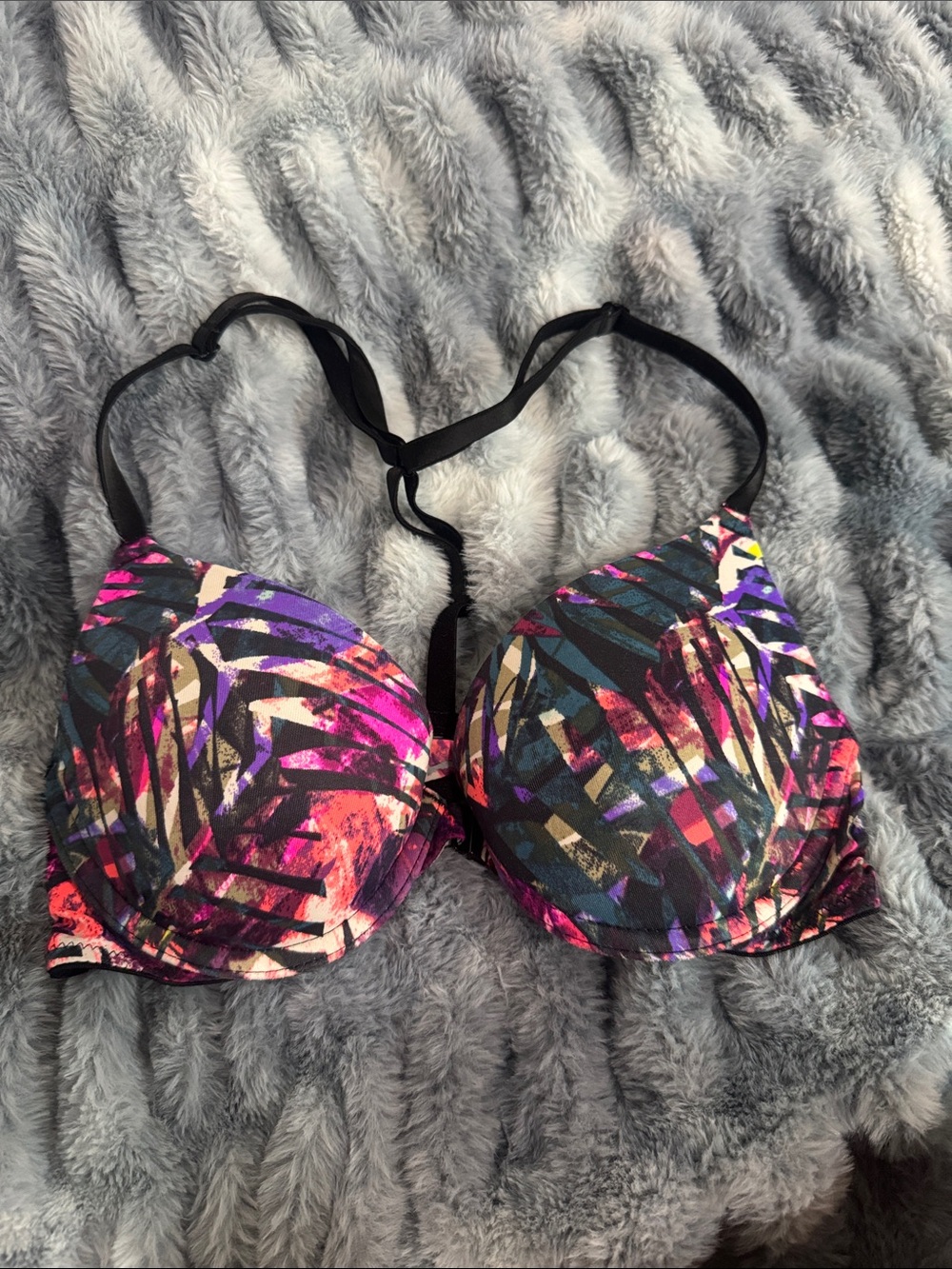 PINK Victoria's Secret Push-Up Bra in Black with Pink & Purple Print